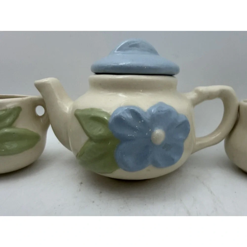 Vintage Child's Miniature Ceramic Tea Set Teapot Creamer Sugar Floral 3 Pc